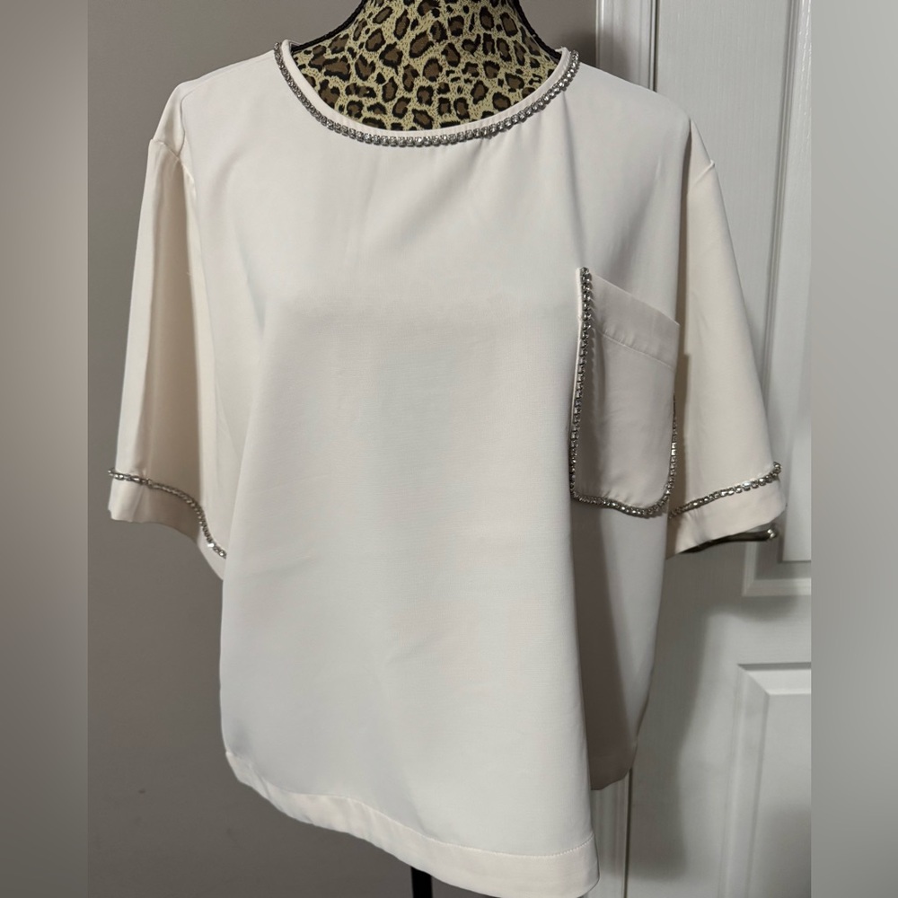 LOFT Cream Blouse with Silver Trim
